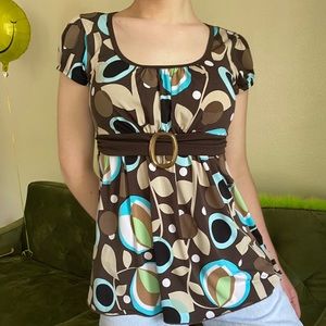 Y2K Brown Abstract Babydoll blouse with buckle 🦚